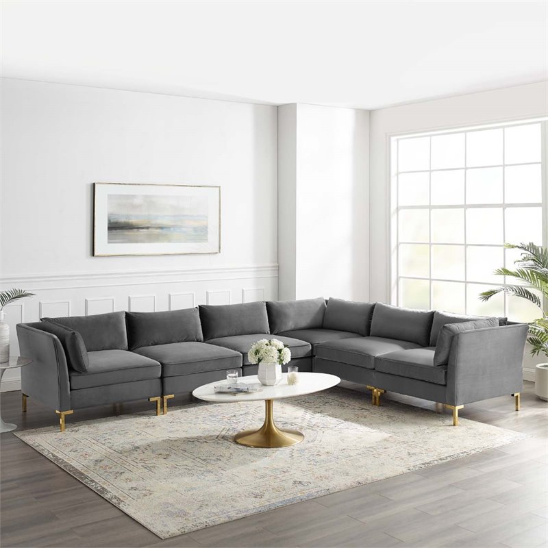 Modway Ardent 6-Piece Performance Velvet Modular Sectional Sofa in Gray/Gold