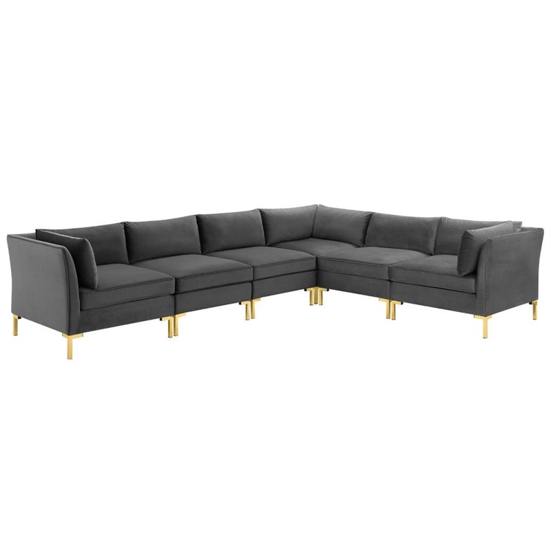 Modway Ardent 6-Piece Performance Velvet Modular Sectional Sofa in Gray/Gold