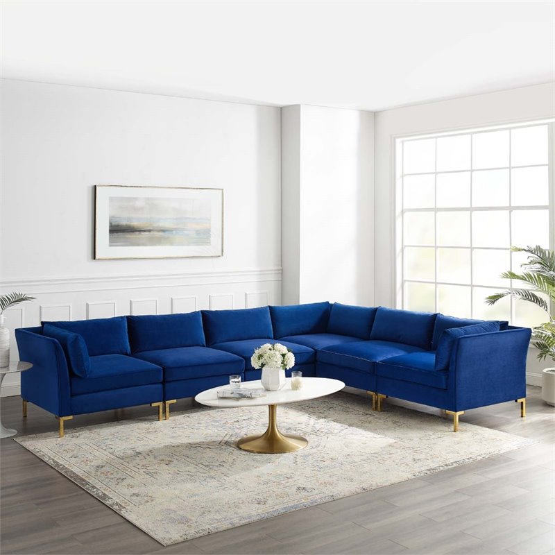 Modway Ardent 6-Piece Performance Velvet Modular Sectional Sofa in Navy/Gold