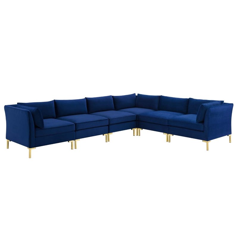 Modway Ardent 6-Piece Performance Velvet Modular Sectional Sofa in Navy/Gold