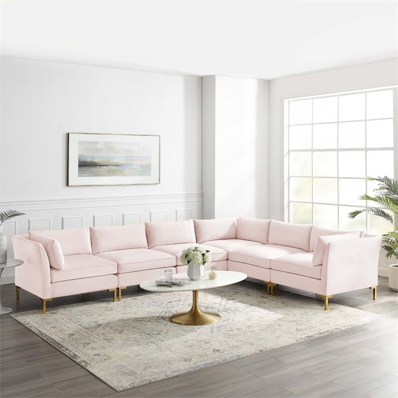Modway Ardent 6-Piece Performance Velvet Modular Sectional Sofa in Pink/Gold