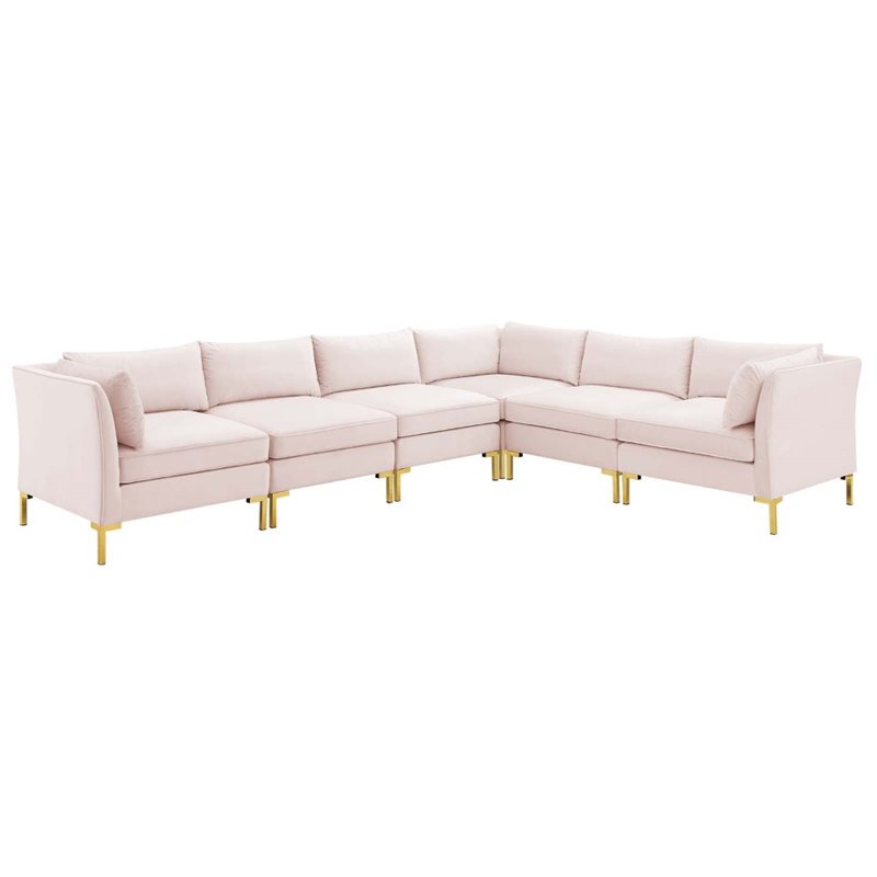 Modway Ardent 6-Piece Performance Velvet Modular Sectional Sofa in Pink/Gold