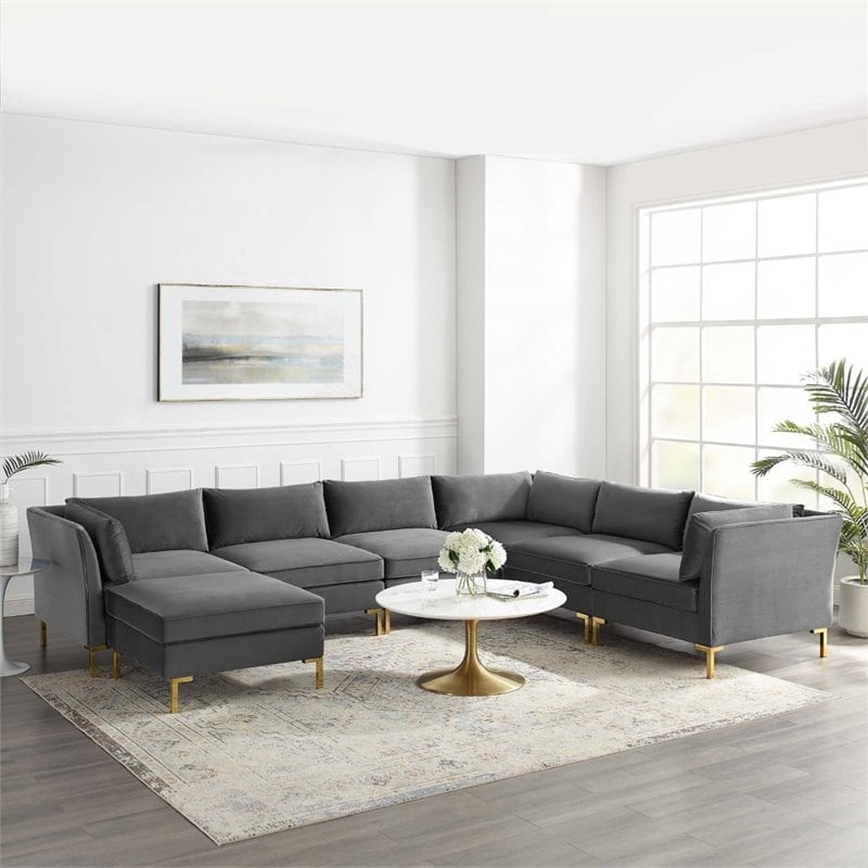 Modway Ardent 7-Piece Performance Velvet Modular Sectional Sofa in Gray