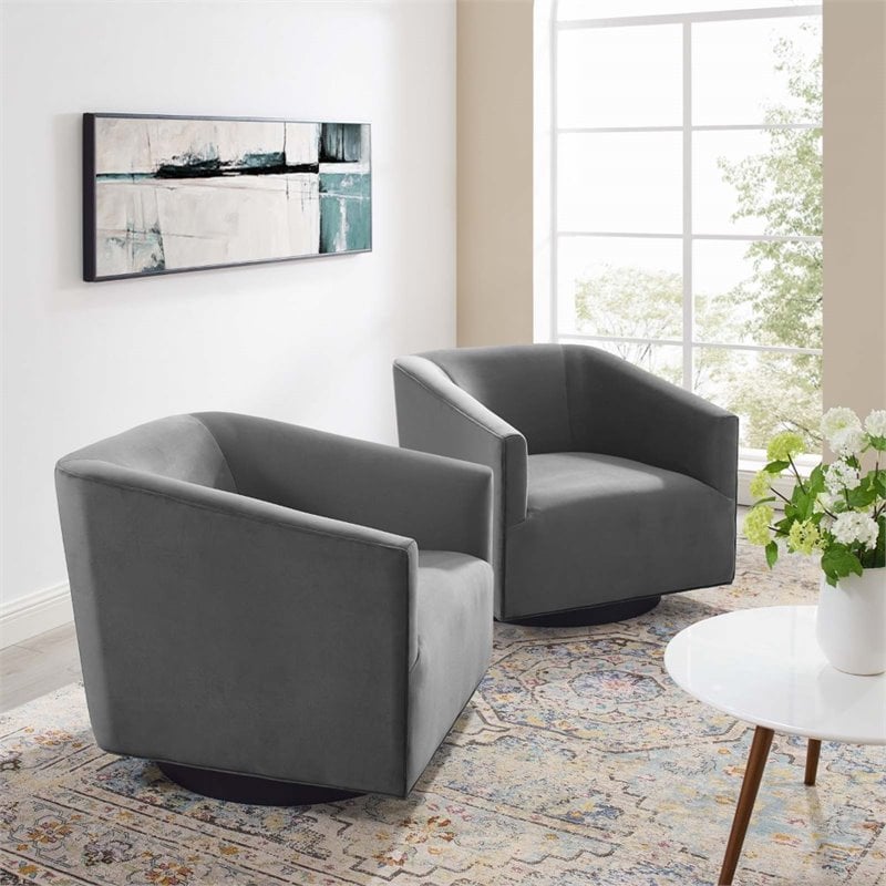 Modway Twist Performance Velvet Tufted Swivel Arm in Gray (Set of 2)