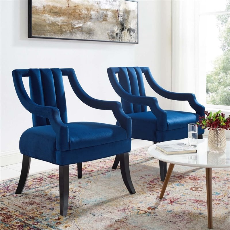 Modway Harken Performance Velvet Upholstered Accent Arm Chair in Navy (Set of 2)