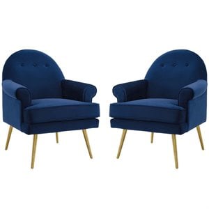 Modway Revive Performance Velvet Upholstered Arm Chair in Navy (Set of 2)
