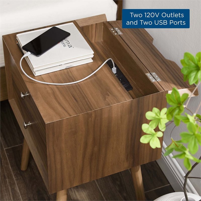 Modway Ember Modern Engineered Wood Nightstand With USB Ports in Walnut