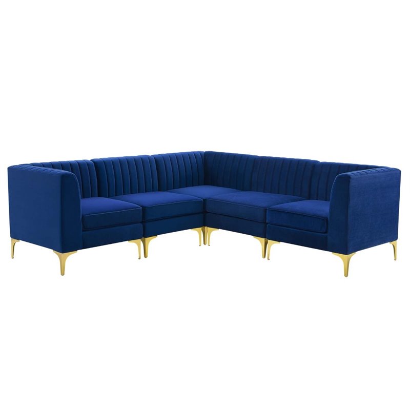 Modway Triumph 5-Piece Channel Velvet Tufted Sectional Sofa in Navy/Gold
