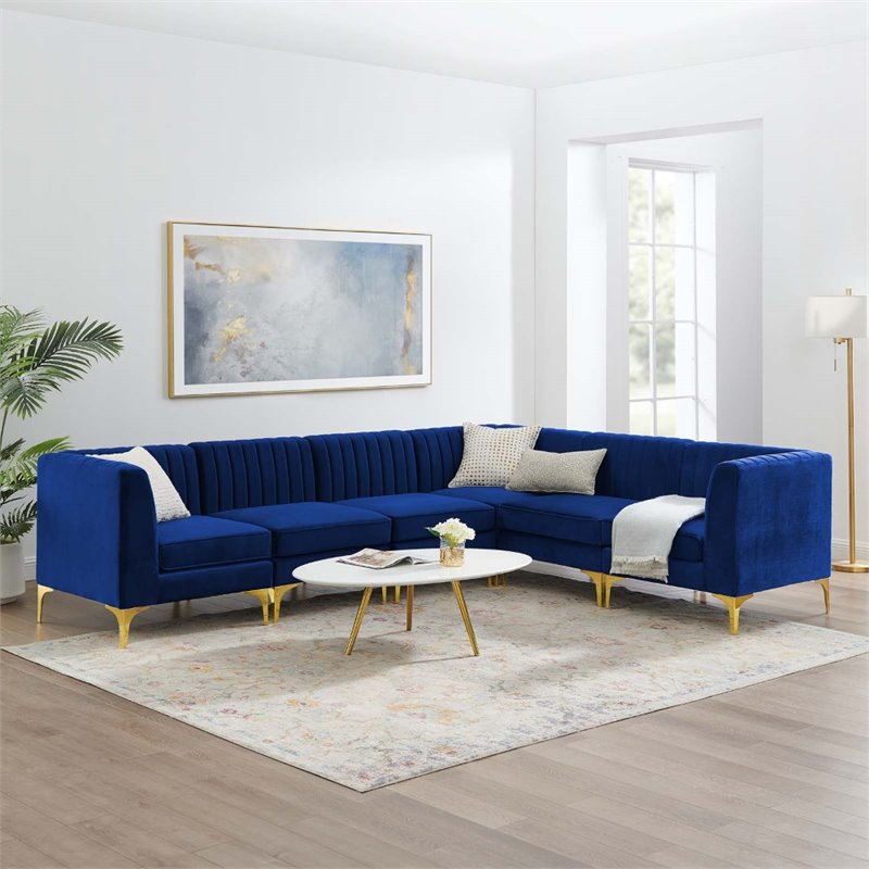 Modway Triumph 6-Piece Channel Performance Velvet Tufted Sectional Sofa in Navy