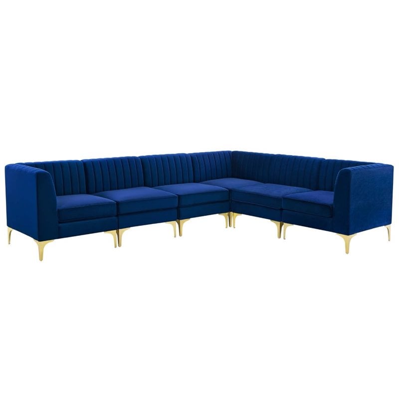 Modway Triumph 6-Piece Channel Performance Velvet Tufted Sectional Sofa in Navy