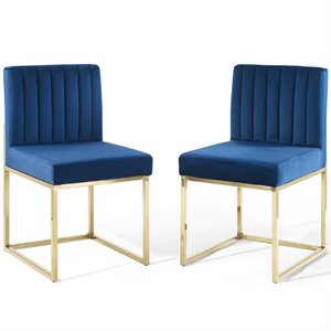 Modway Carriage 19&quot Velvet Dining Side Chair in Gold and Navy (Set of 2)