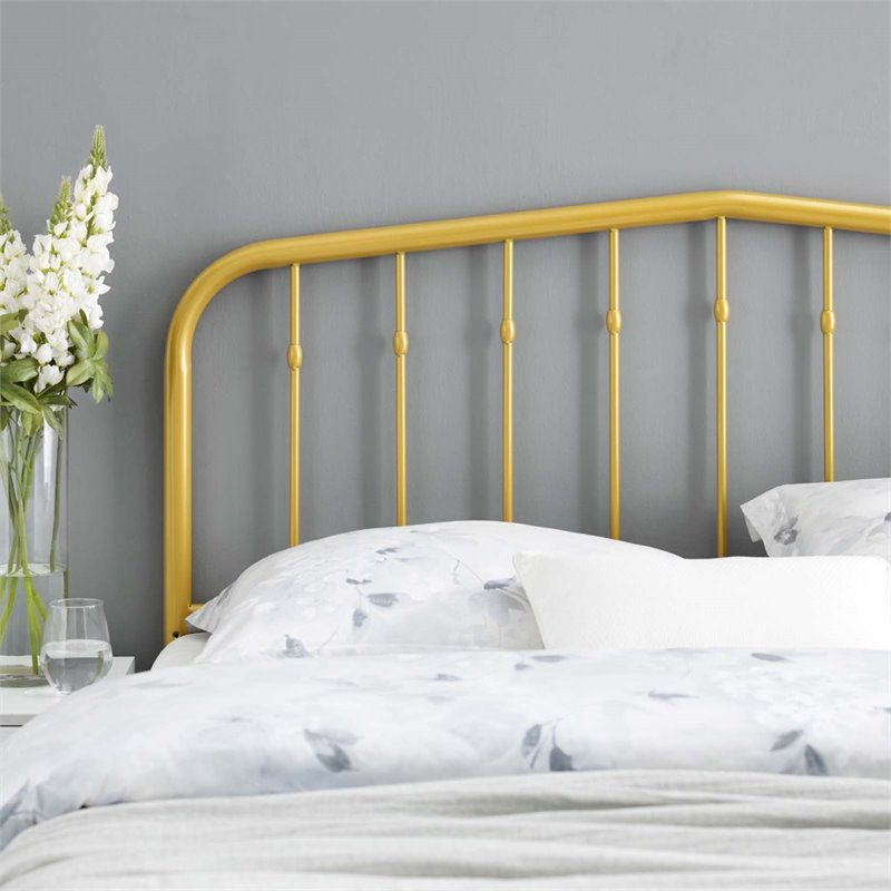 Modway Lennon Contemporary Modern Queen Metal Spindle Headboard in Gold