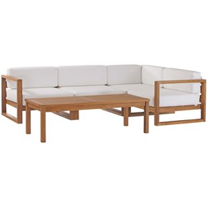 Modway Upland 5-Piece Teak Wood Patio Sectional Sofa Set in Natural and White