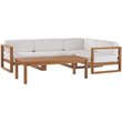Modway Upland 5-Piece Teak Wood Patio Sectional Sofa Set in Natural and White