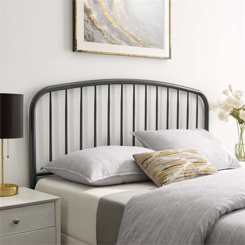 Modway Nova Modern Farmhouse Queen Metal Spindle Headboard in Gray