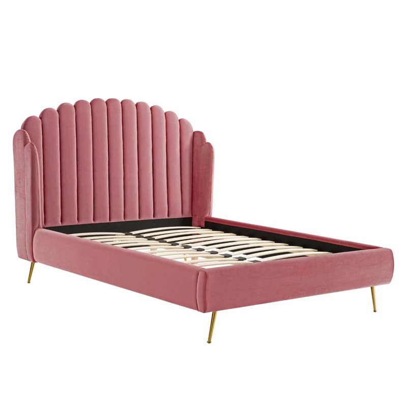 Modway Lana Queen Performance Velvet Wingback Platform Bed in Dusty Rose