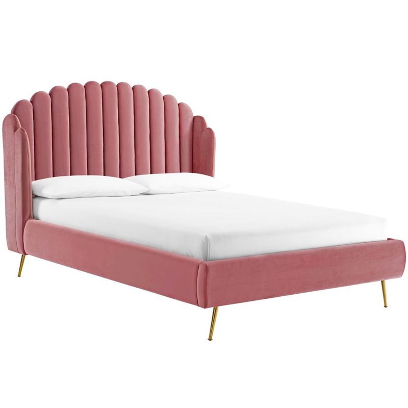 Modway Lana Queen Performance Velvet Wingback Platform Bed in Dusty Rose