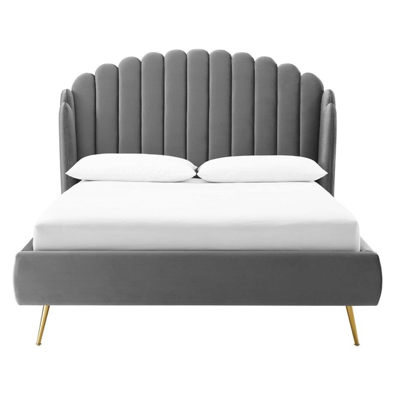 Modway Lana Queen Performance Velvet Wingback Platform Bed in Gray
