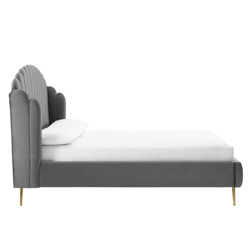 Modway Lana Queen Performance Velvet Wingback Platform Bed in Gray