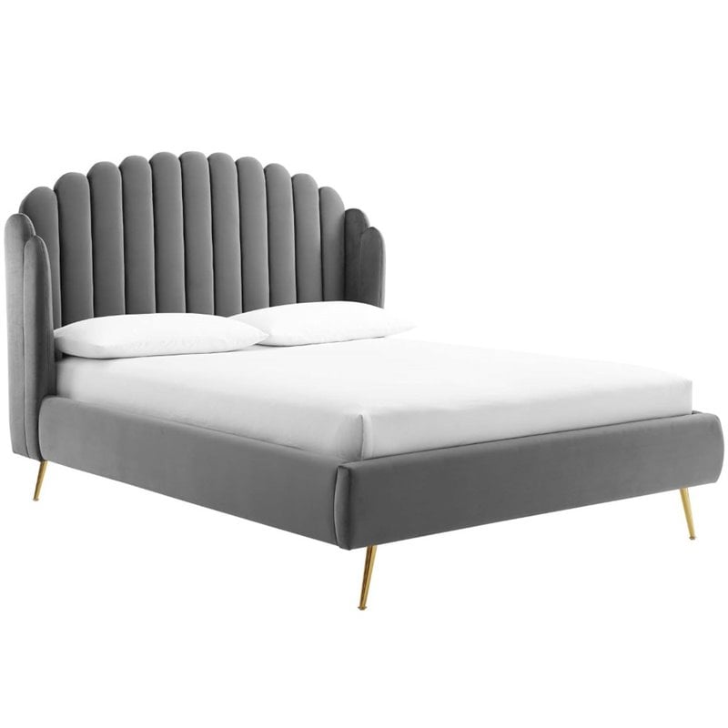 Modway Lana Queen Performance Velvet Wingback Platform Bed in Gray