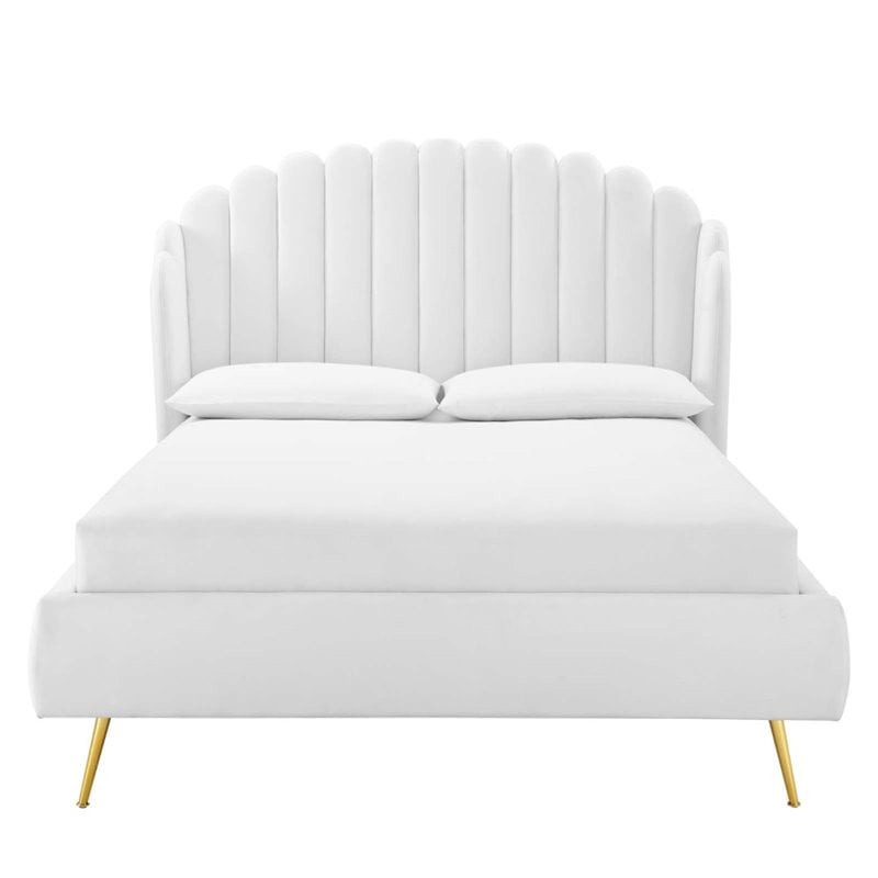 Modway Lana Queen Performance Velvet Wingback Platform Bed in White