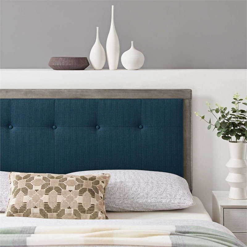 Modway Draper Tufted Queen Fabric and Wood Headboard in Gray/Azure Blue