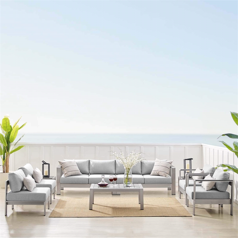 Modway Shore 9-Piece Fabric & Aluminum Outdoor Patio Sofa Set in Silver/Gray