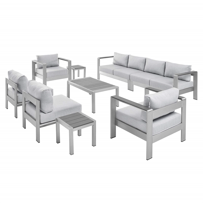 Modway Shore 9-Piece Fabric & Aluminum Outdoor Patio Sofa Set in Silver/Gray