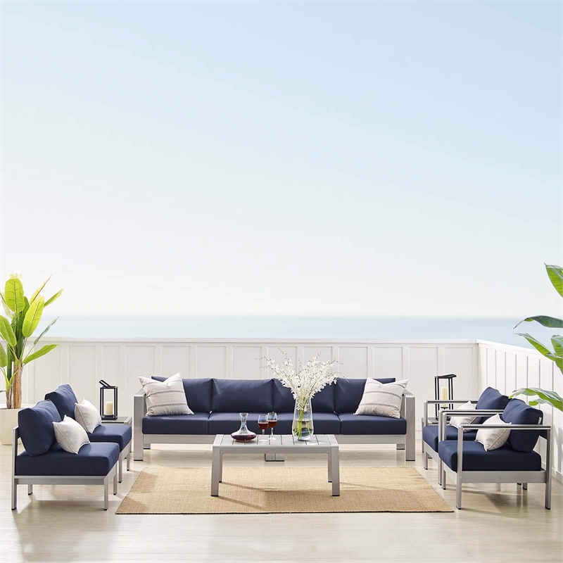 Modway Shore 9-Piece Fabric & Aluminum Outdoor Patio Sofa Set in Silver/Navy