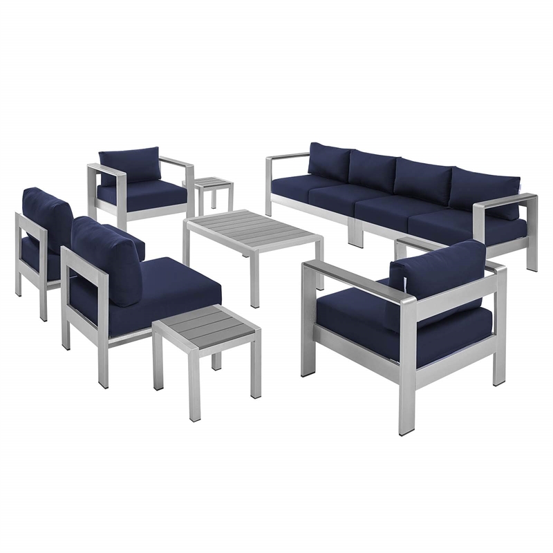 Modway Shore 9-Piece Fabric & Aluminum Outdoor Patio Sofa Set in Silver/Navy