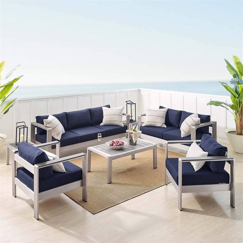 Modway Shore 7-Piece Fabric & Aluminum Outdoor Patio Set in Silver/Navy