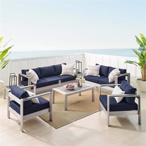 Modway Shore 7-Piece Fabric & Aluminum Outdoor Patio Set in Silver/Navy