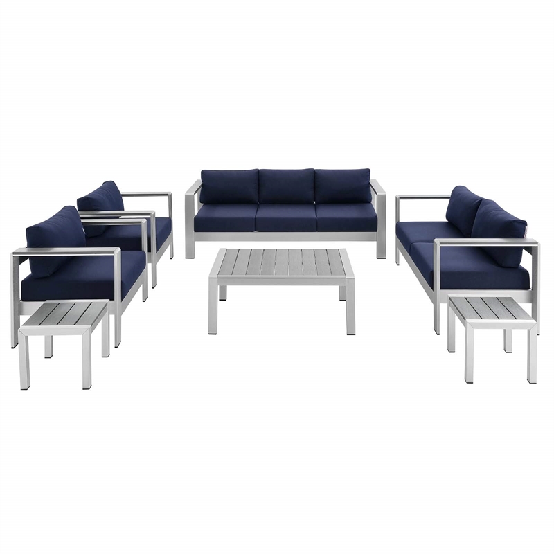 Modway Shore 7-Piece Fabric & Aluminum Outdoor Patio Set in Silver/Navy