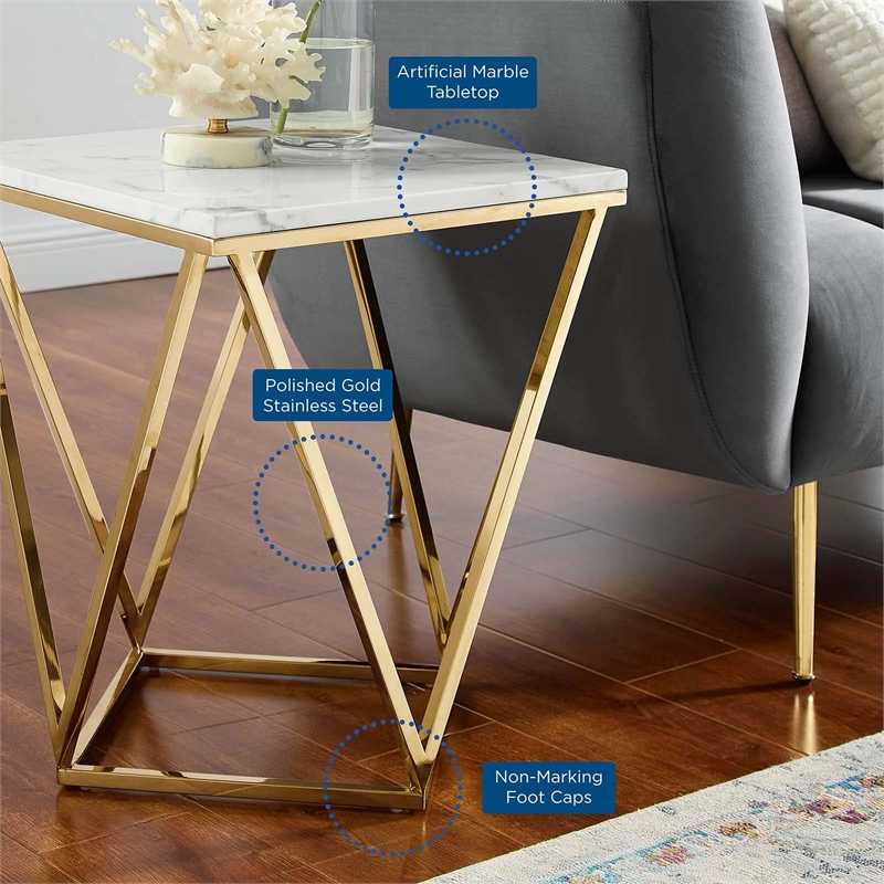 Modway Vertex Artificial Marble & Stainless Steel End Table in Gold/White