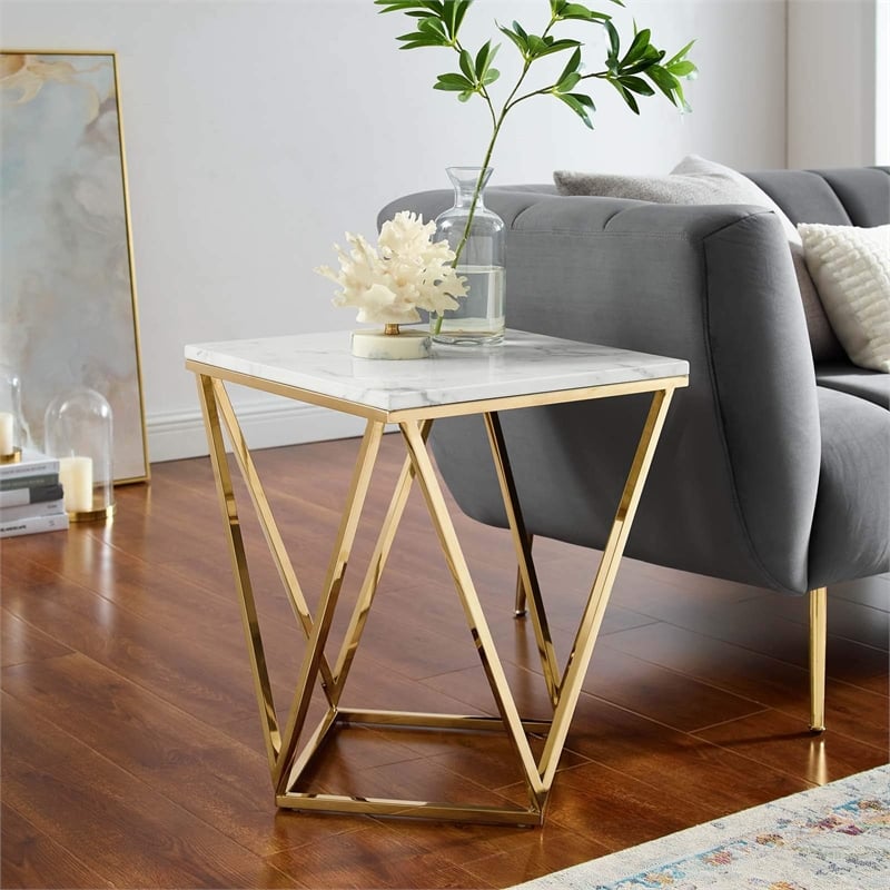 Modway Vertex Artificial Marble & Stainless Steel End Table in Gold/White