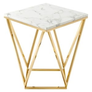 Modway Vertex Artificial Marble & Stainless Steel End Table in Gold/White