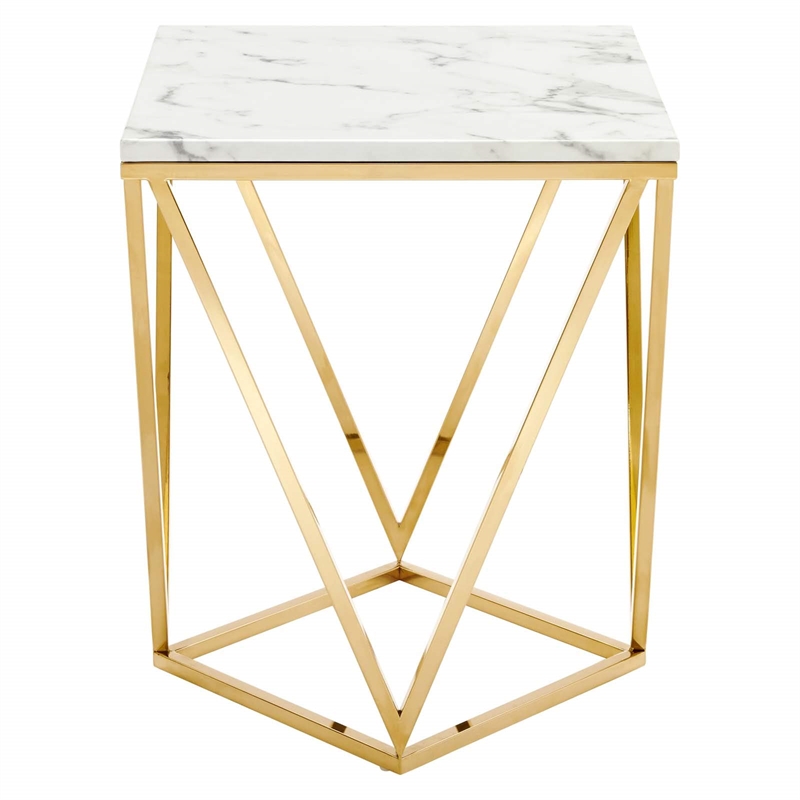 Modway Vertex Artificial Marble & Stainless Steel End Table in Gold/White