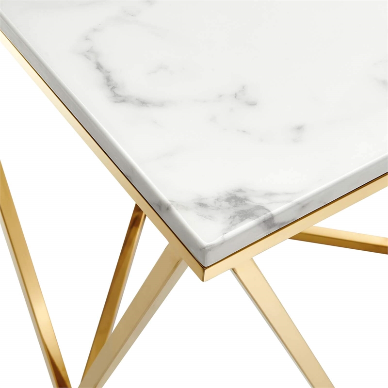 Modway Vertex Artificial Marble & Stainless Steel End Table in Gold/White