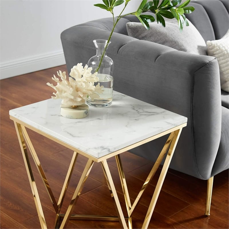 Modway Vertex Artificial Marble & Stainless Steel End Table in Gold/White