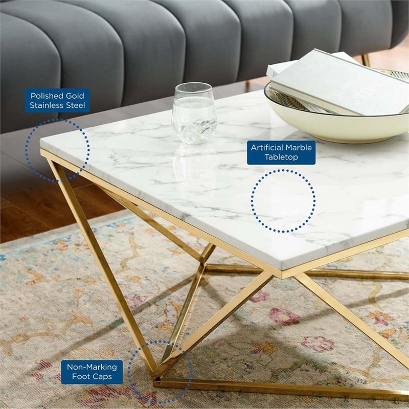 Modway Vertex Artificial Marble & Stainless Steel Coffee Table in Gold/White