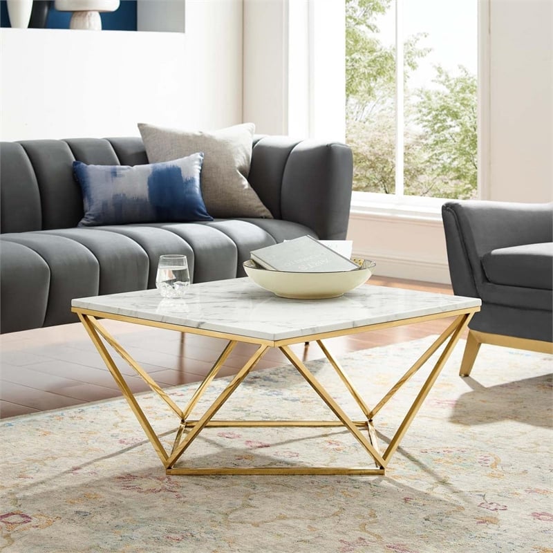 Modway Vertex Artificial Marble & Stainless Steel Coffee Table in Gold/White