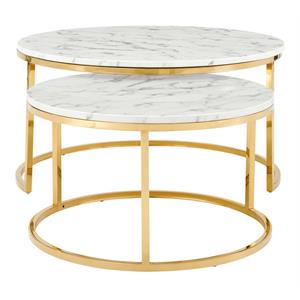 modway ravenna artificial marble and metal nesting coffee table in gold white