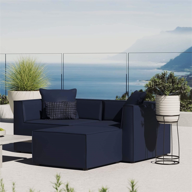 Modway Saybrook Fabric Upholstered Outdoor Patio Loveseat & Ottoman Set in Navy