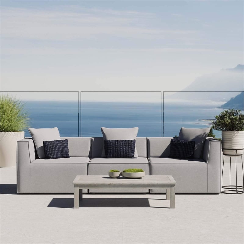 Modway Saybrook 3-Piece Fabric Upholstered Outdoor Patio Sectional Sofa in Gray