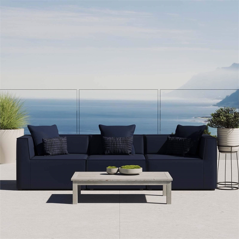 Modway Saybrook 3-Piece Fabric Upholstered Outdoor Patio Sectional Sofa in Navy