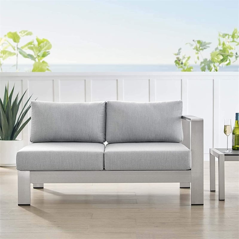 Modway Shore Fabric & Aluminum Outdoor Patio Right Arm Loveseat in Silver & Gray