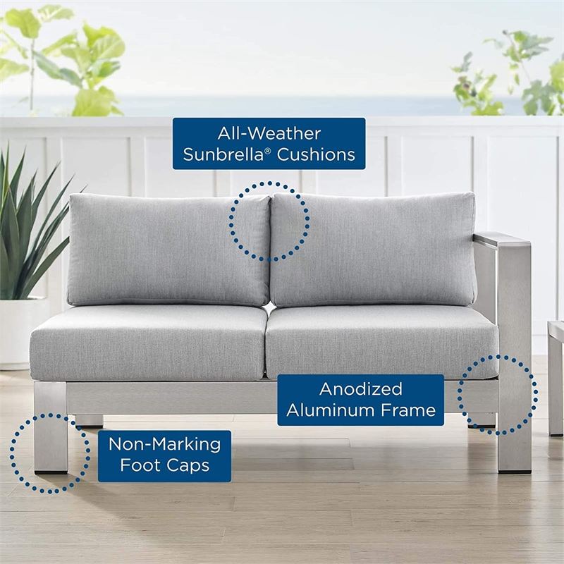 Modway Shore Fabric & Aluminum Outdoor Patio Right Arm Loveseat in Silver & Gray
