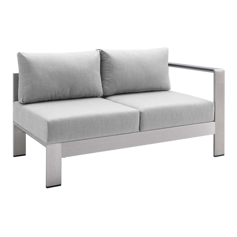 Modway Shore Fabric & Aluminum Outdoor Patio Right Arm Loveseat in Silver & Gray