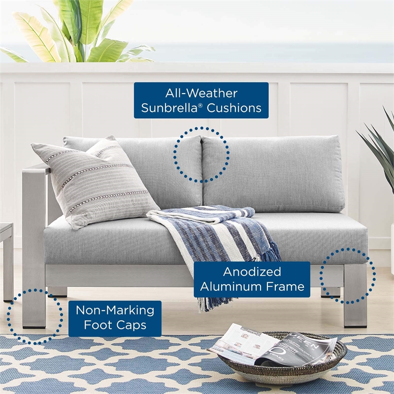 Modway Shore Fabric & Aluminum Outdoor Patio Left Arm Loveseat in Silver & Gray