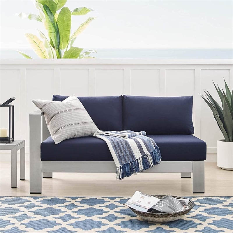 Modway Shore Fabric & Aluminum Outdoor Patio Left Arm Loveseat in Silver & Navy